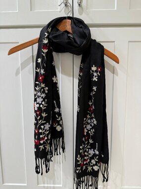 Black Floral Embroidered Fringe Scarf Boho Lightweight Wrap